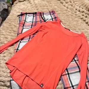 North Face Coral Long Sleeve Top with Victoria’s Secret Plaid Pajama Pants